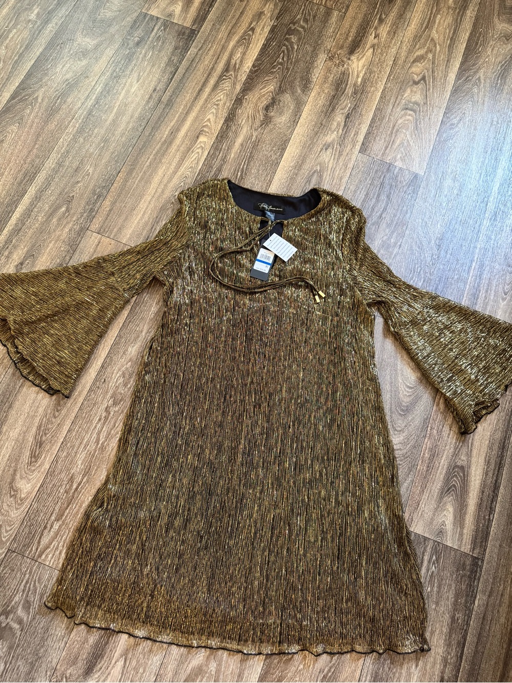 Metallic Gold Bell-Sleeve Prom Dress by